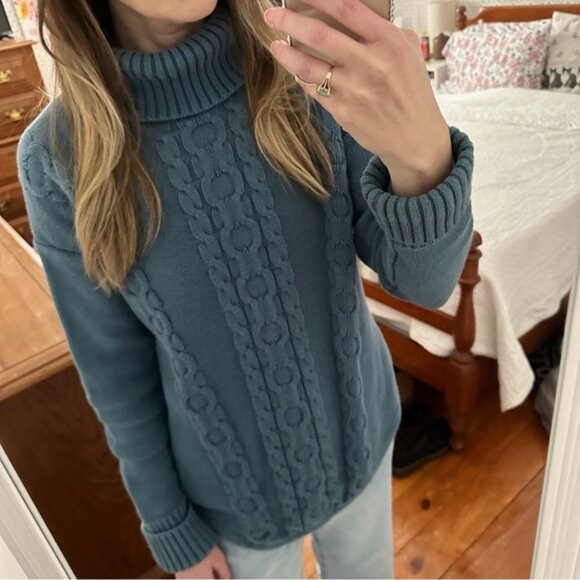 LL Bean Cable Knit Turtleneck Sweater Pullover Thick Cotton Fisherman Teal - Picture 10 of 10